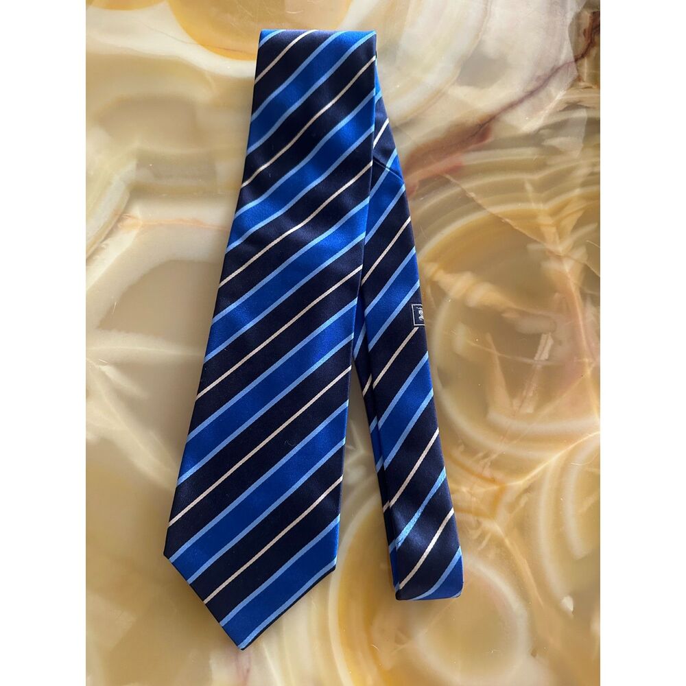 Blue and Black Classic Striped Burberry Silk Tie